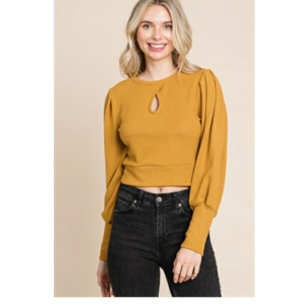Sweet Adelya MUSTARD BUBBLE LONG SLEEVE CROP Sweater - Picture 3 of 4